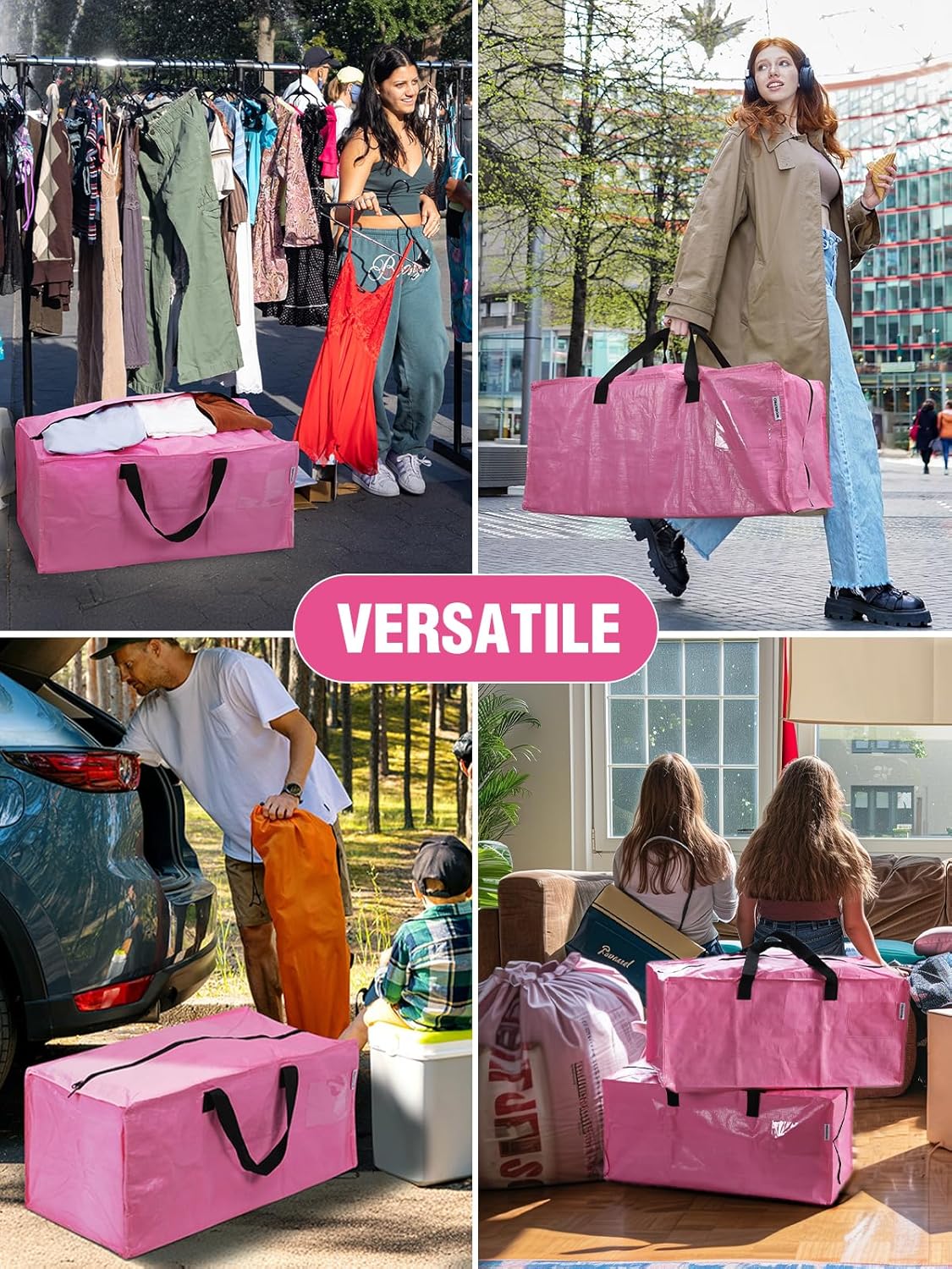 Pink large duffel-style moving bag with black handles and zipper closure, outdoors