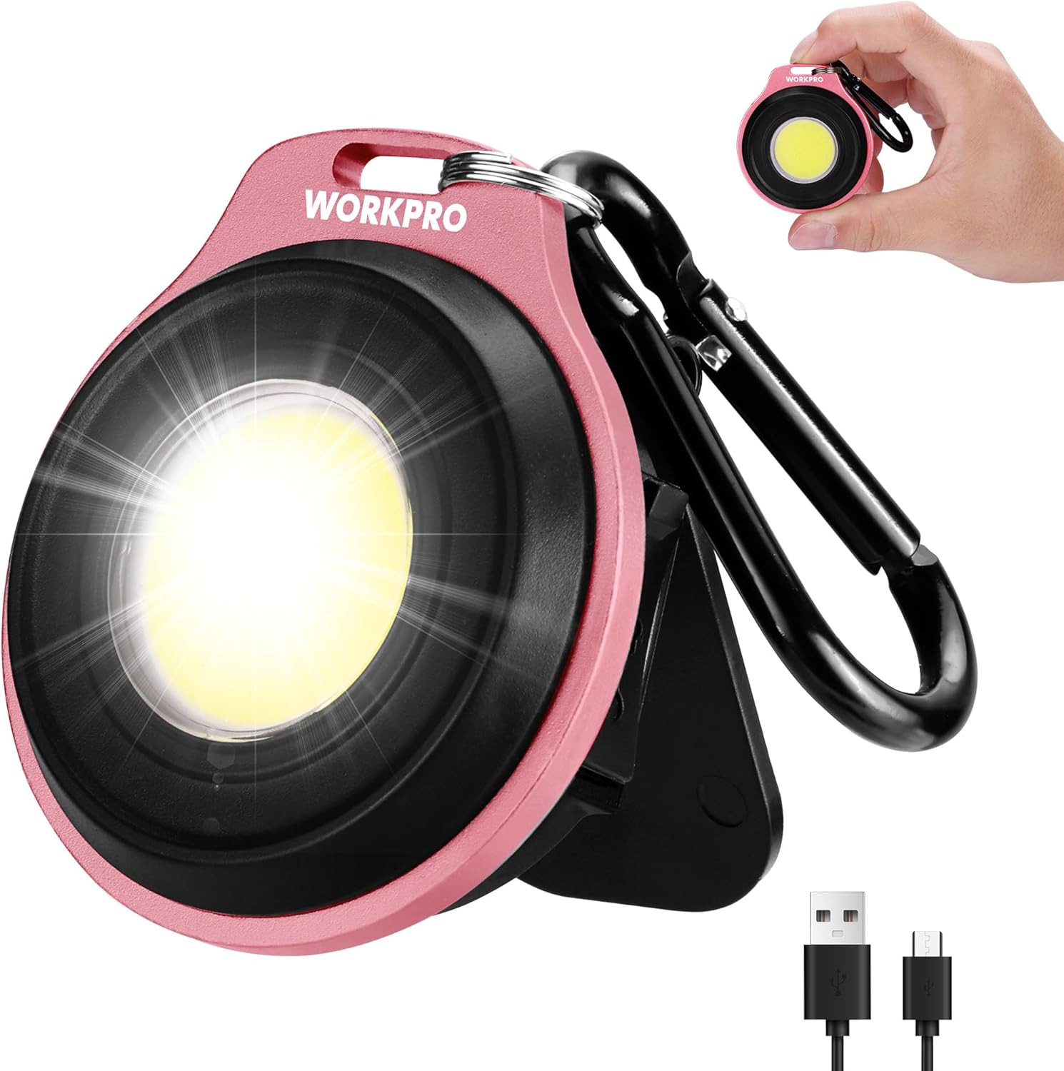 Pink and black keychain work light flashlight with carabiner and bright LED lens