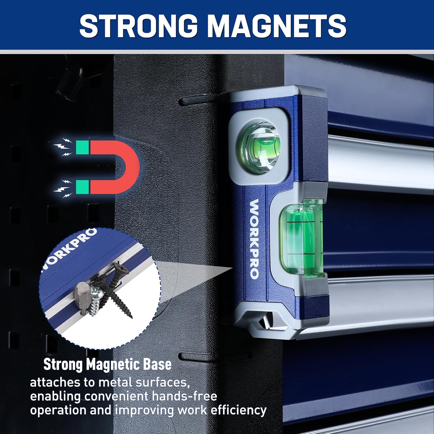 Mini magnetic pocket level with magnetic base and two green vials in cobalt blue.
