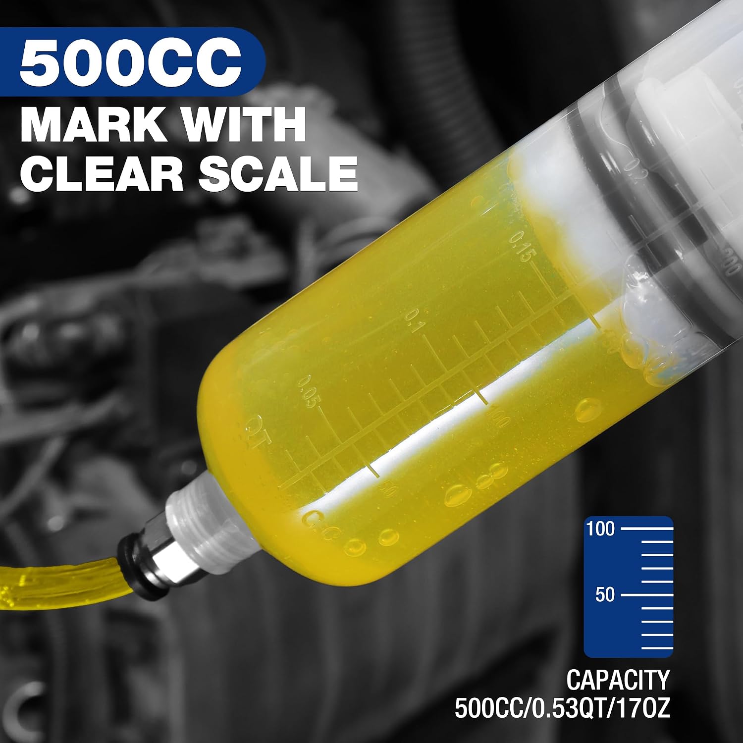 500cc manual fluid extractor syringe with clear scale markings on yellow fluid chamber