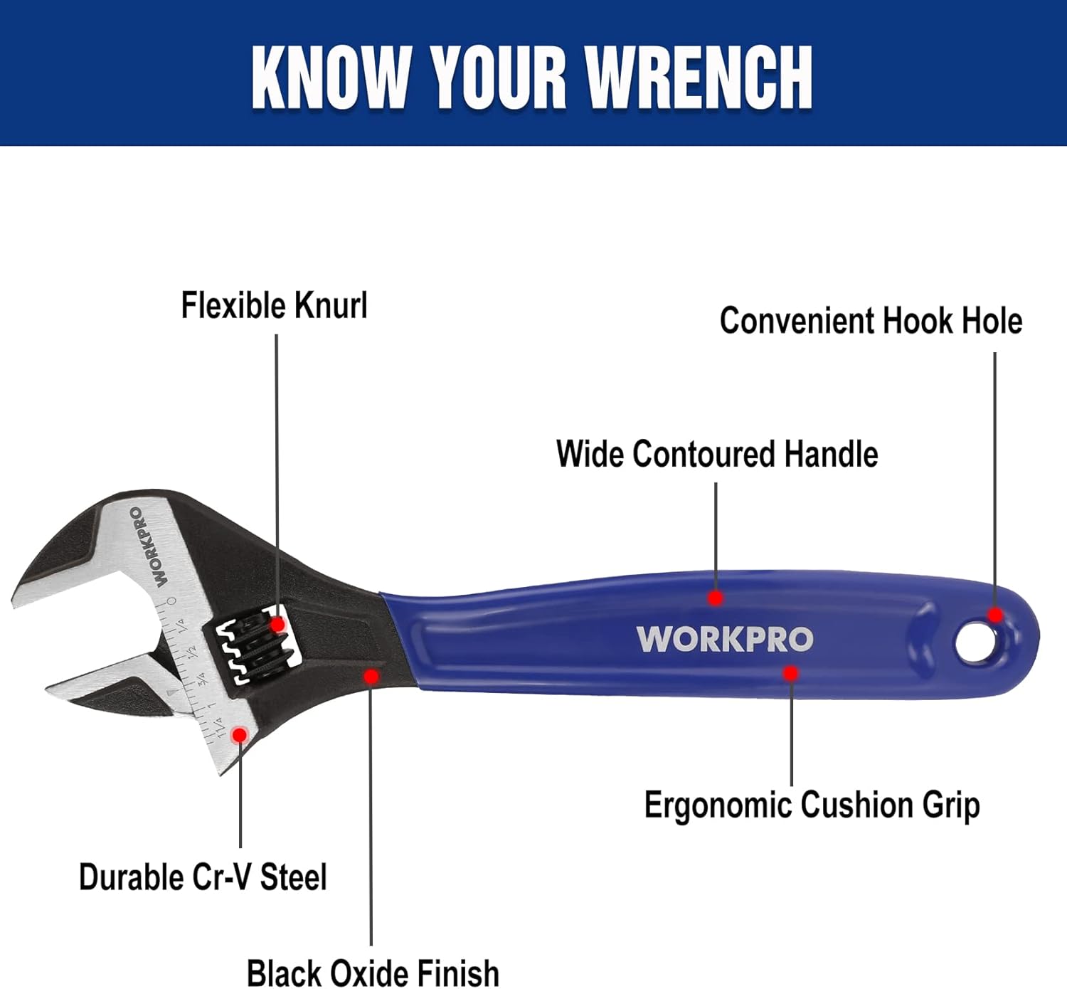 Adjustable wide-jaw wrench with blue handle, black jaws, and ergonomic cushion grip