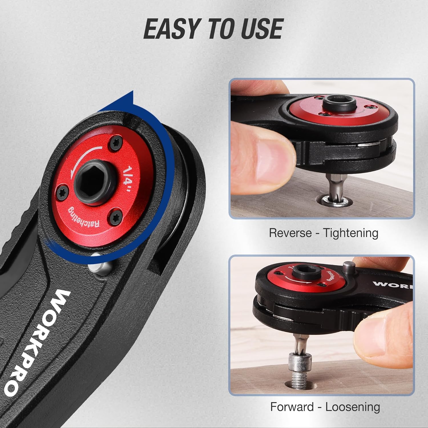 WORKPRO folding utility knife with red ratchet dial and forward/reverse tightening