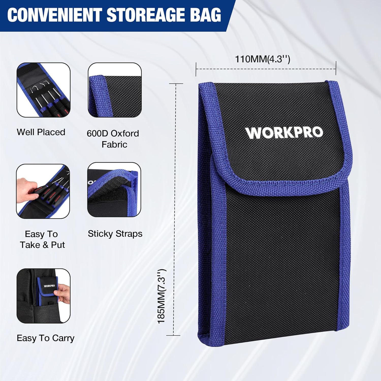 Blue 600D Oxford storage pouch with WORKPRO logo for precision picks and hooks