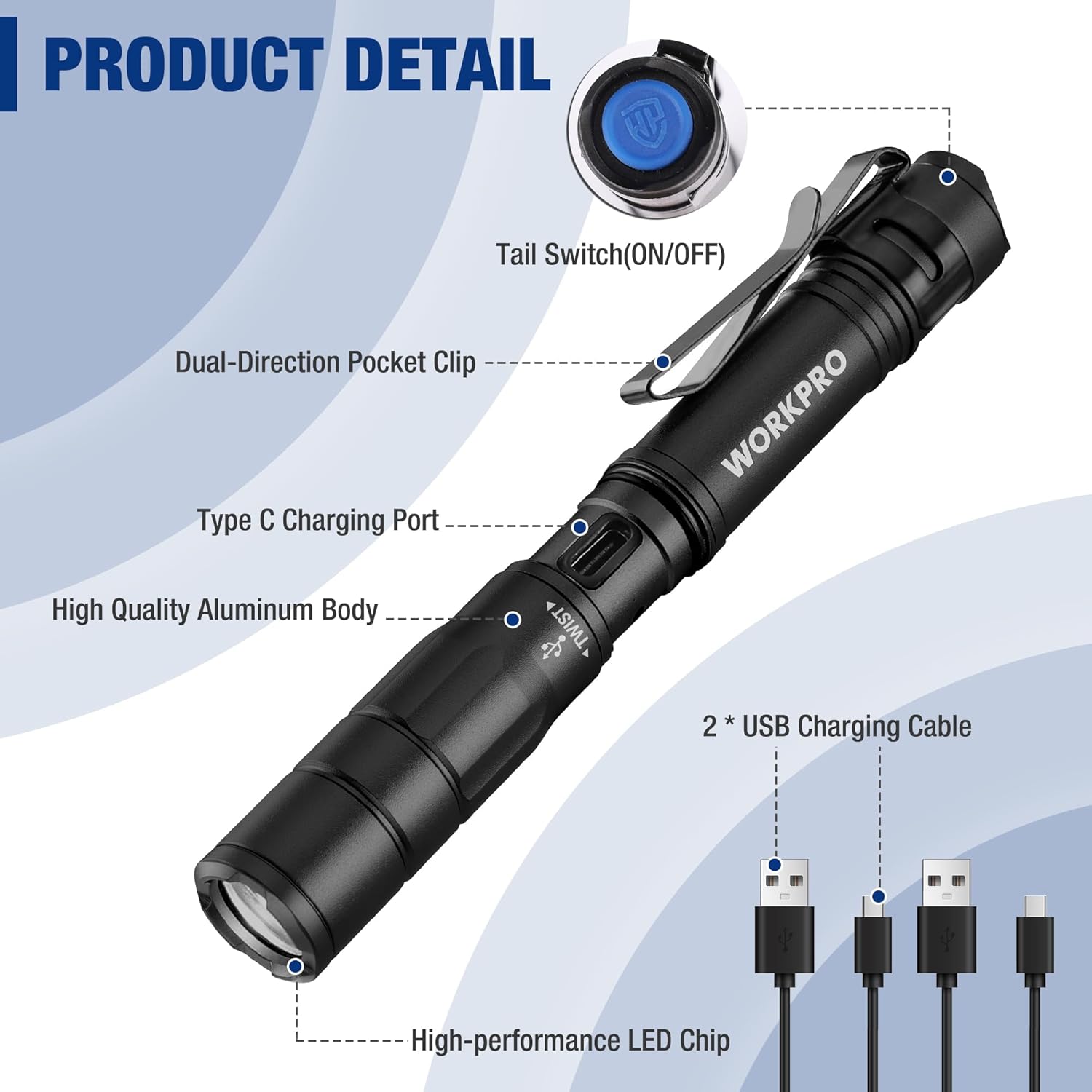 Black rechargeable pen light with tail switch, pocket clip, and USB-C charging port.