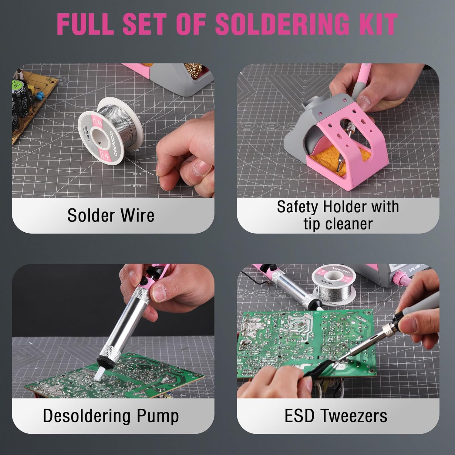 Soldering kit set with solder wire, safety holder with tip cleaner, desoldering pump, and tweezers