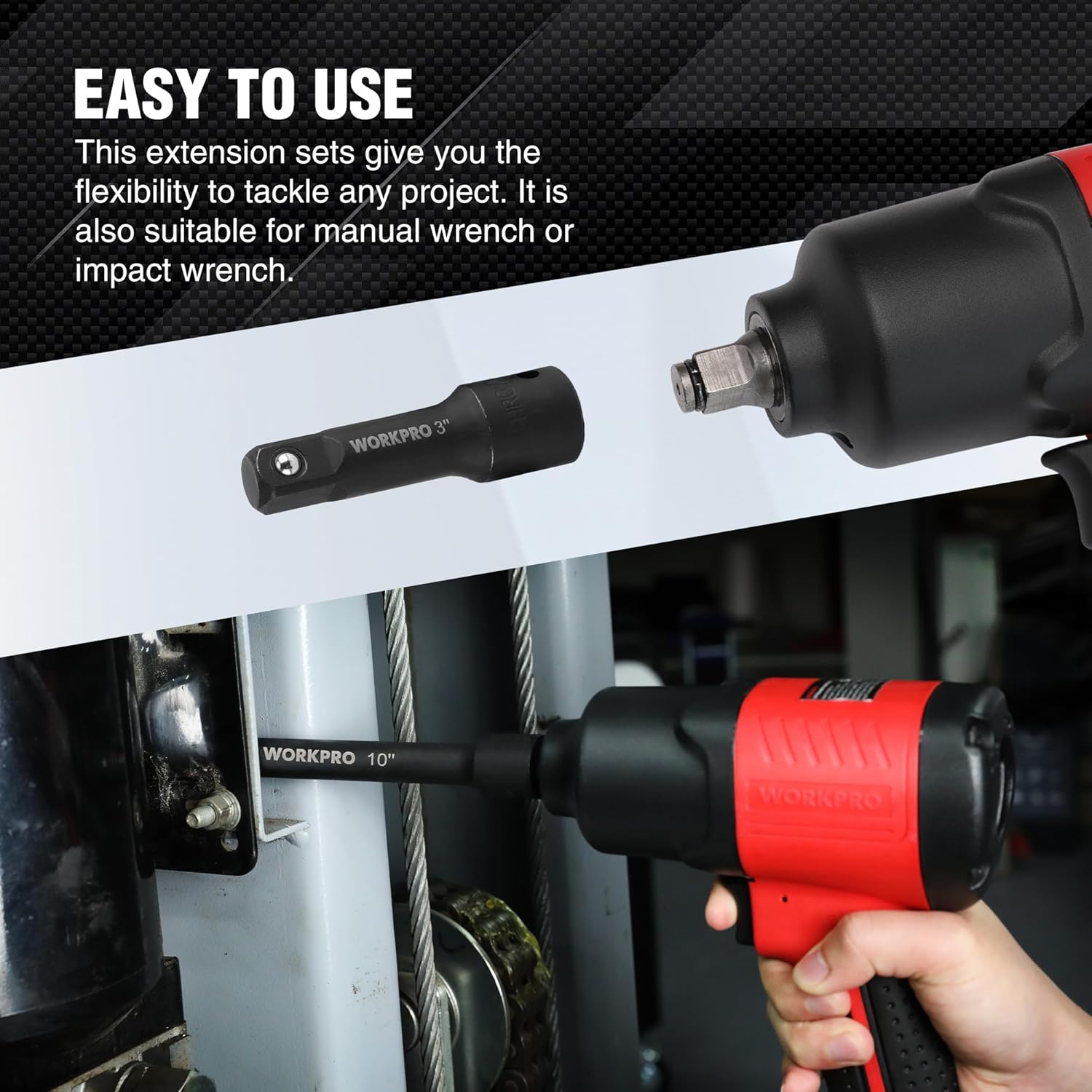 3/8-inch drive extension bars with socket ends for impact wrench, black finish