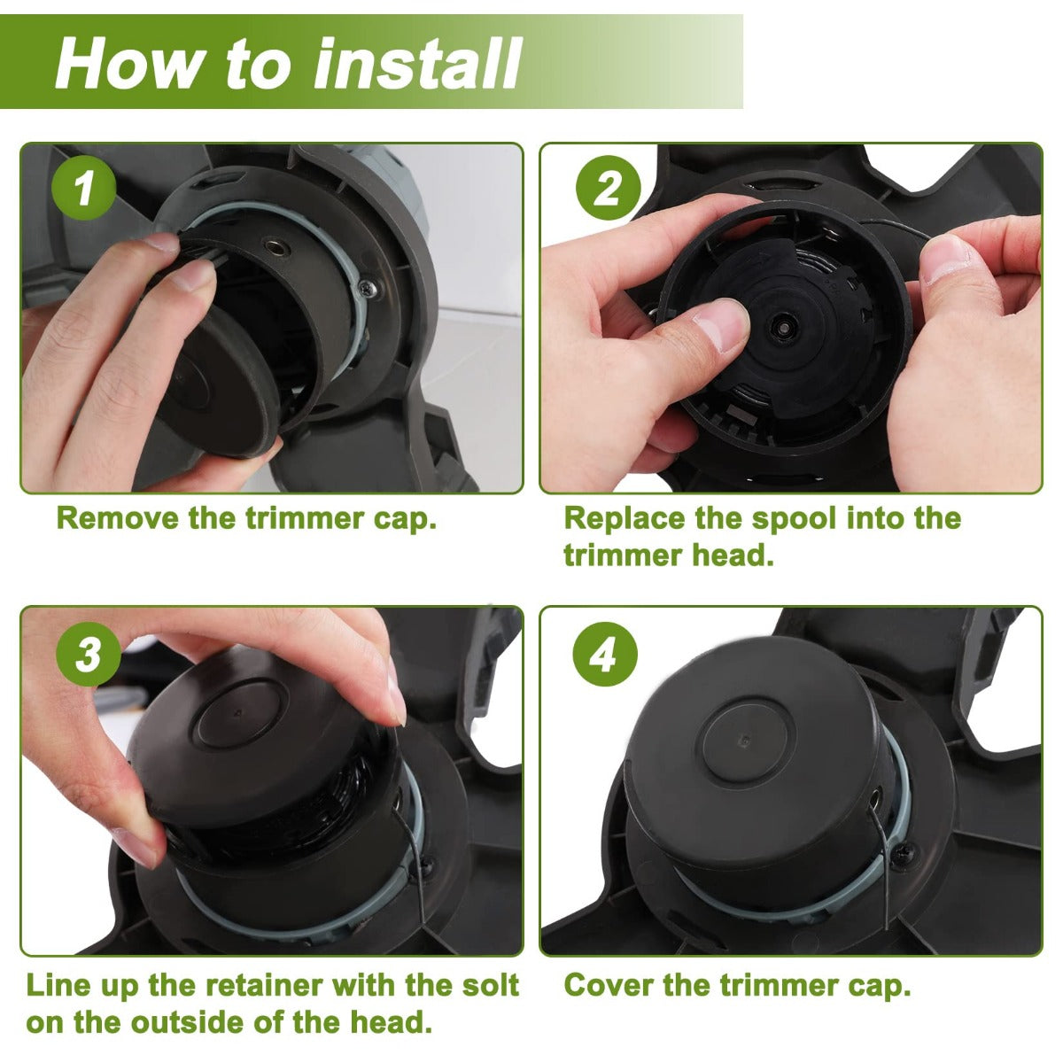 Hands installing a black trimmer line spool into a string trimmer head