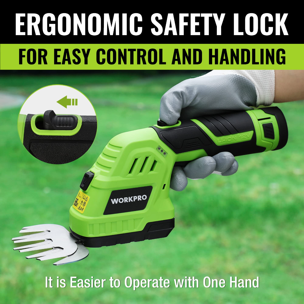 Cordless grass and hedge trimmer with ergonomic safety lock, lime green and black