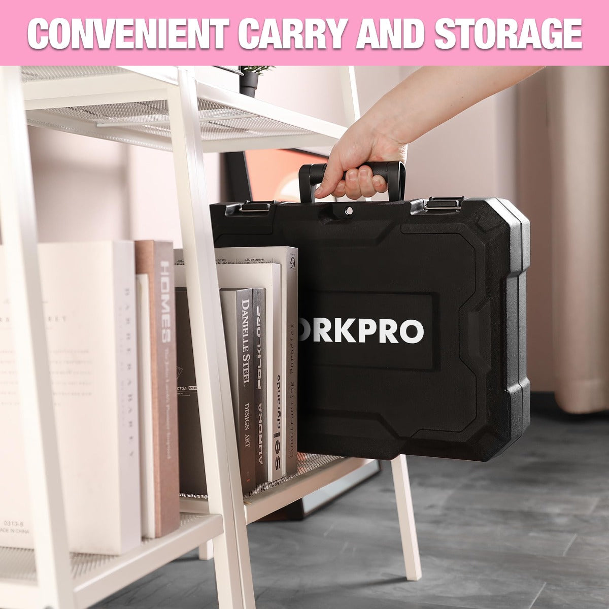 Pink tool storage case with molded handle for home tool kit and accessories