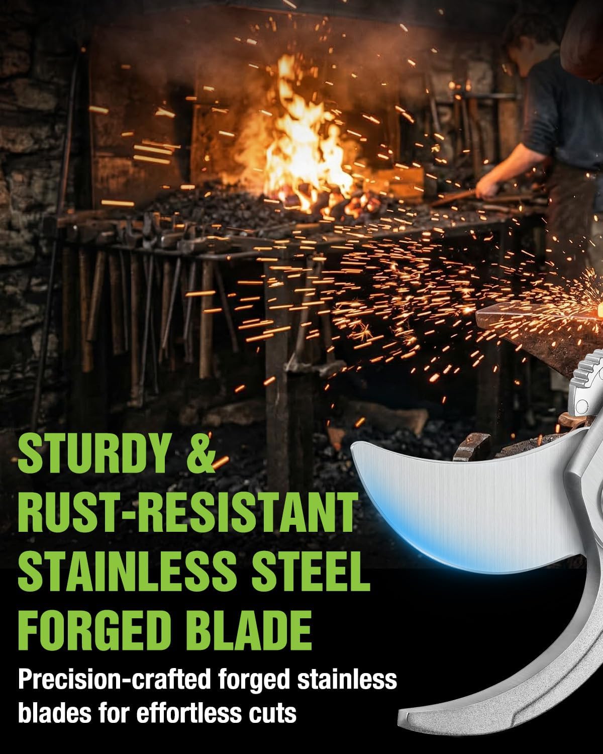 Stainless steel curved bypass blade on green-handled pruning shears