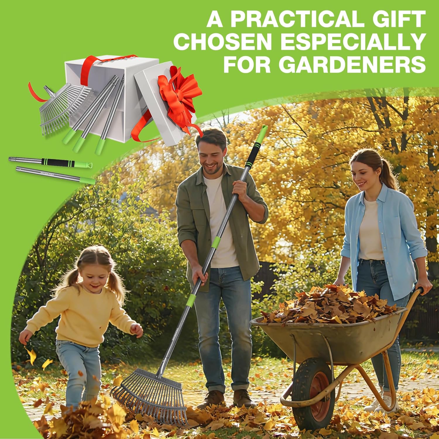 Adjustable leaf rake with long pole and curved metal tine head for collecting leaves