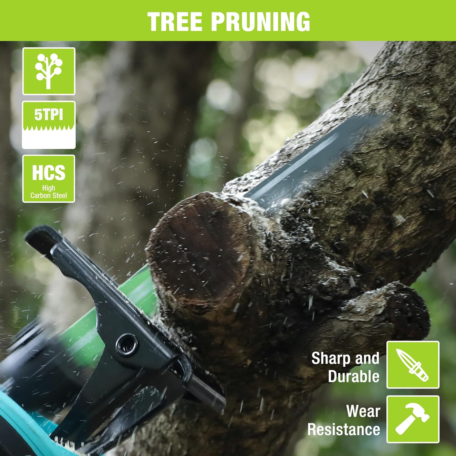 Pruning reciprocating saw blade cutting into wood, sharp serrated edge shown with blade set