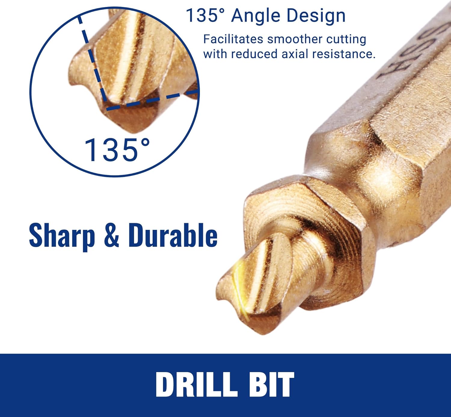 Gold screw extractor drill bit with 135° angle design and sharp pointed tip