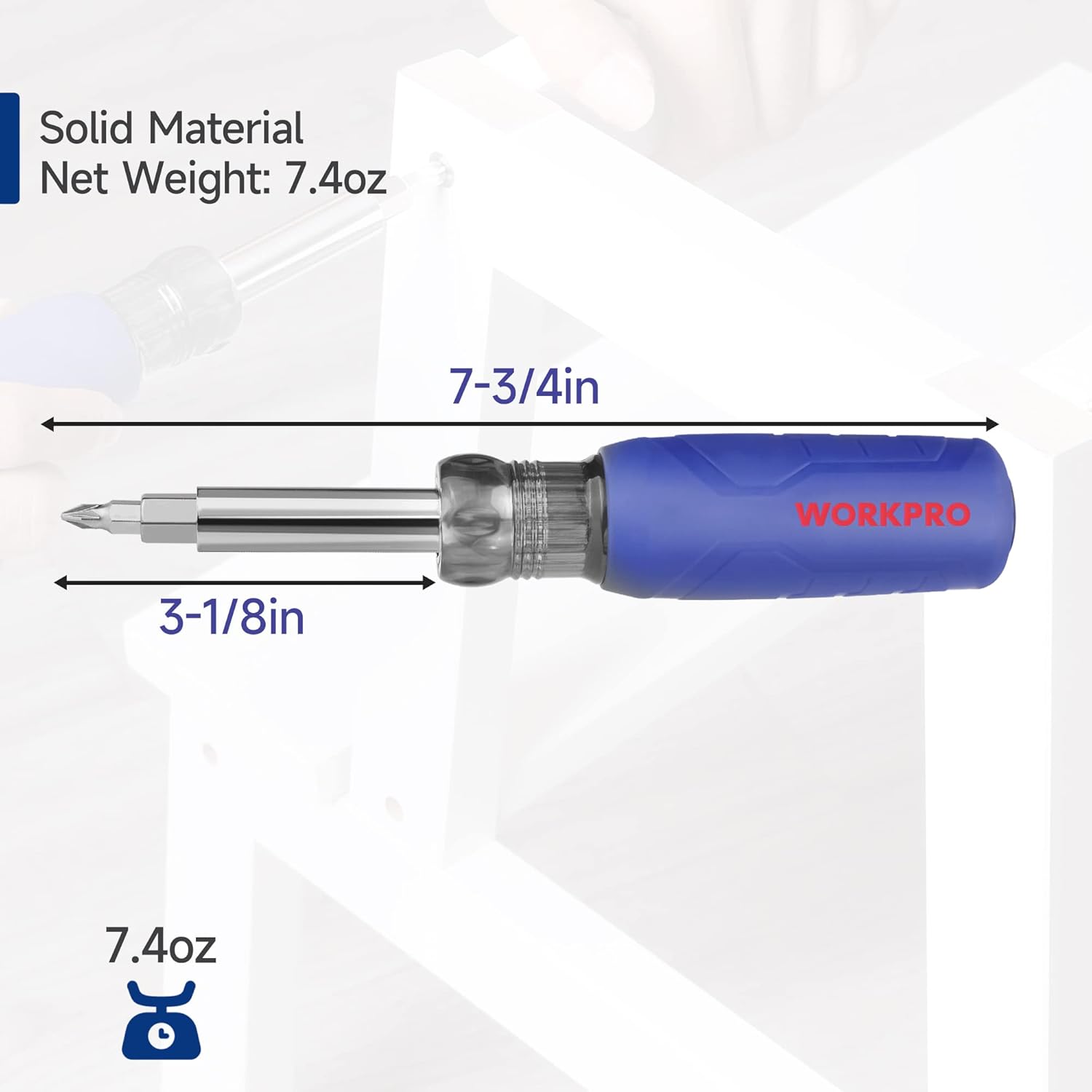 Blue-handled screwdriver with chrome shaft, visible dimensions 7-3/4 in and 3-1/8 in