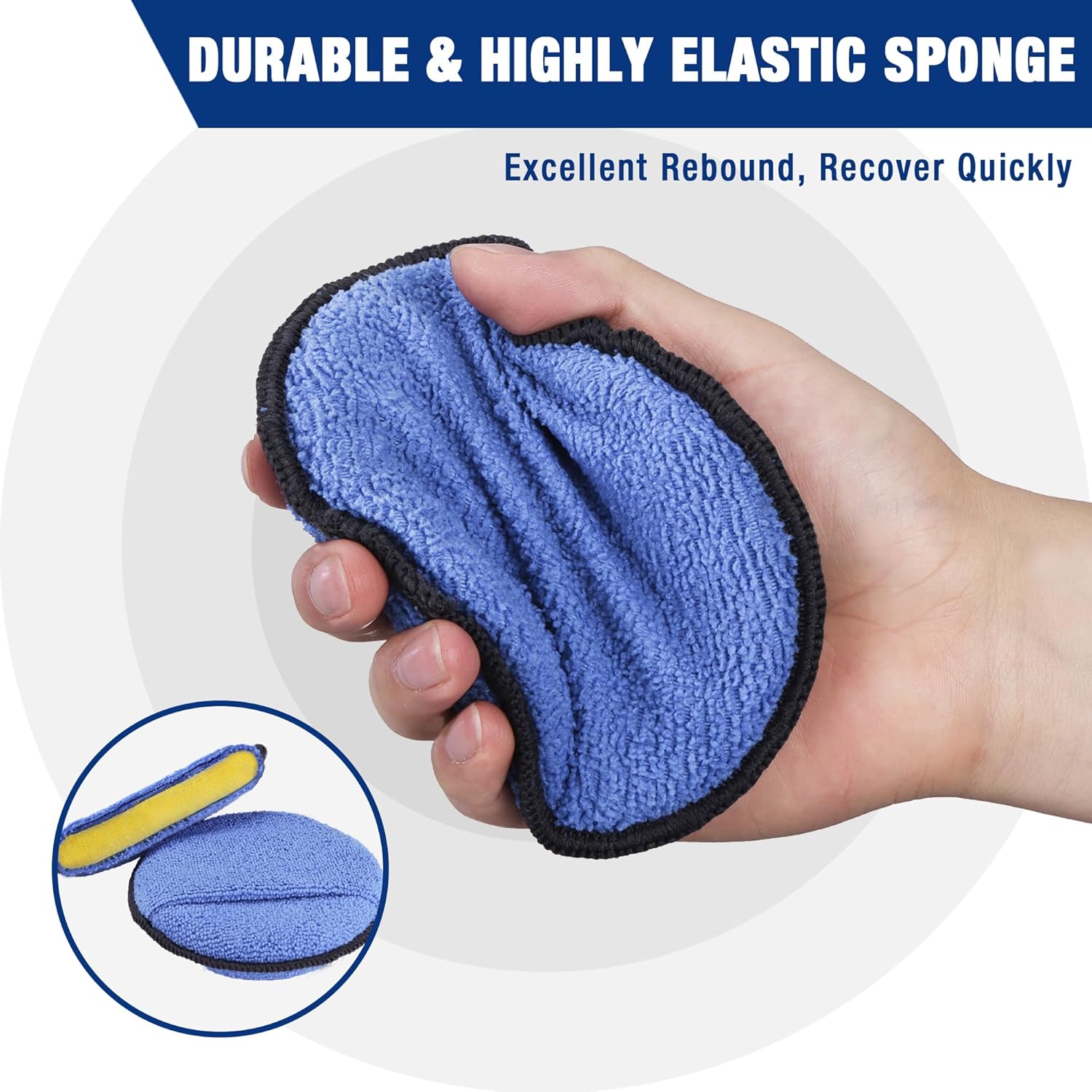 Blue microfiber applicator pad with textured surface, oval pad held in a hand.