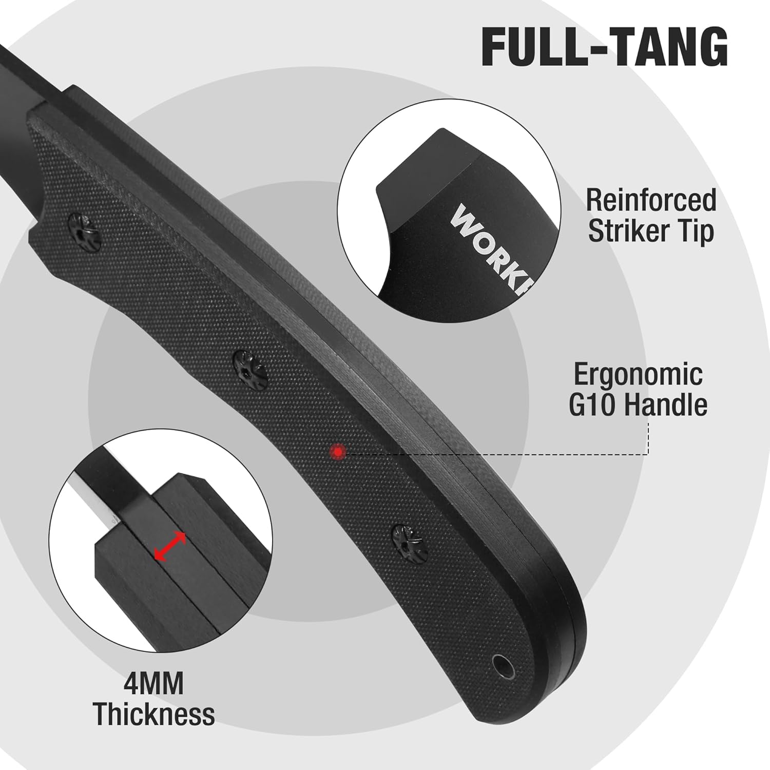 Full-tang fixed blade knife with textured G10 handle and reinforced striker tip