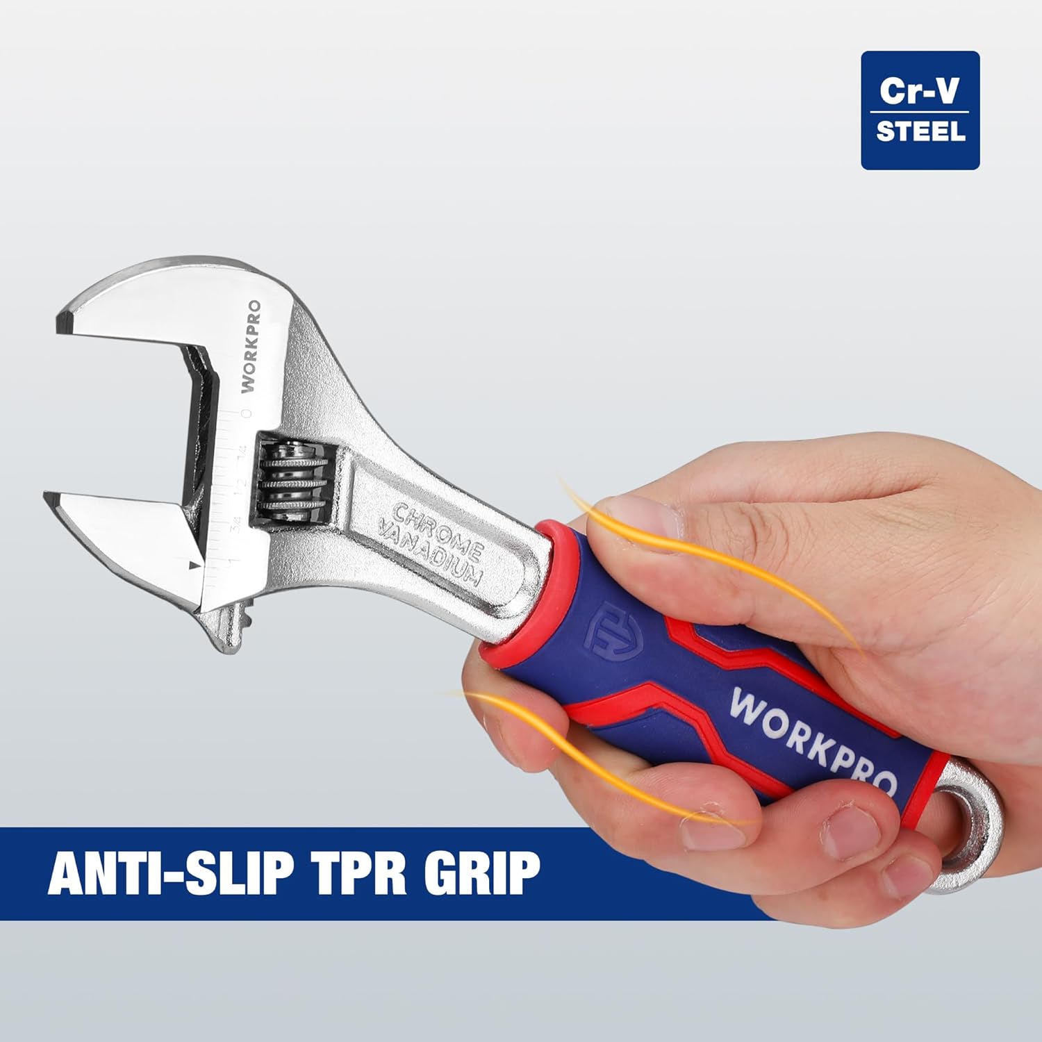 Adjustable wrench with Cr-V steel marking and anti-slip TPR grip, held in hand