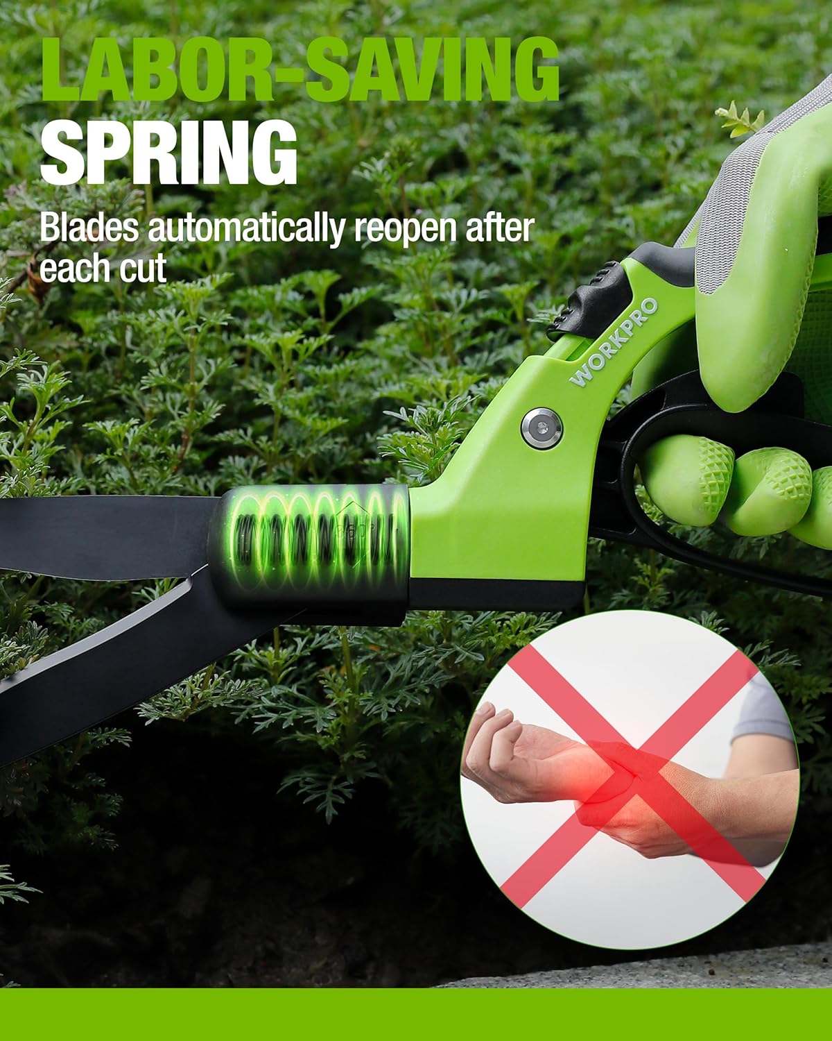 WORKPRO grass shears with spring action refeed blades, lime-green handle