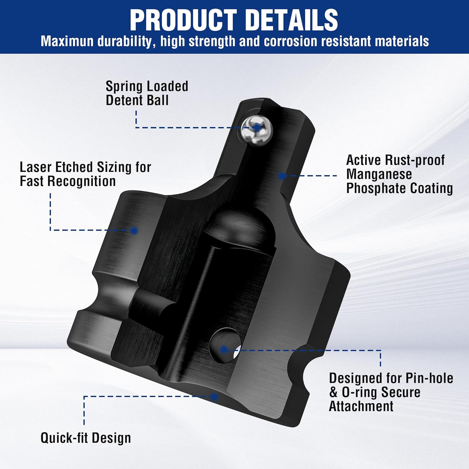 Black impact socket adapter with spring-ball detent and pin-hole locking design