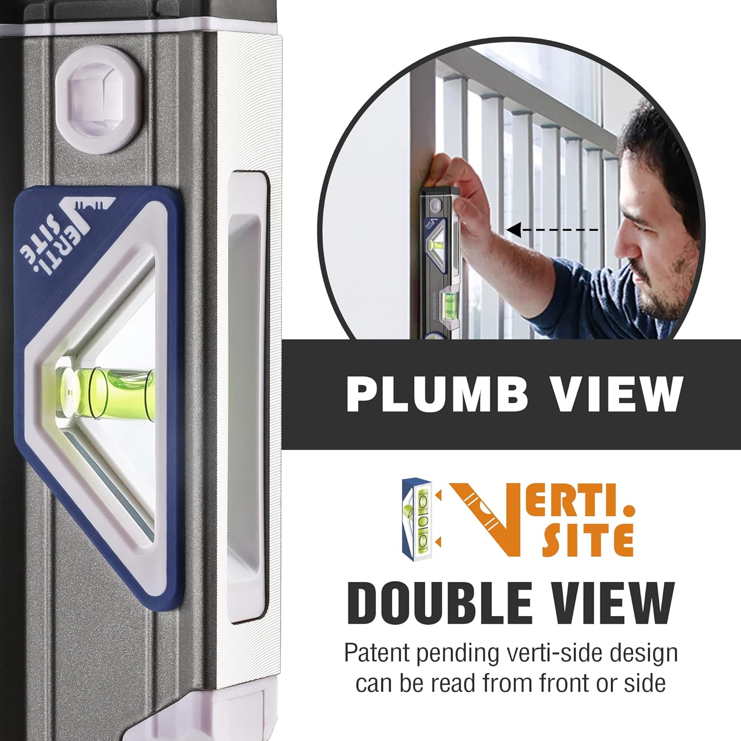 Compact torpedo level with blue window and green bubble vial inserts on aluminum