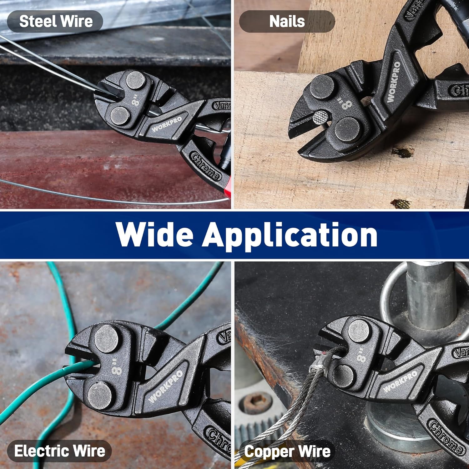 8-inch mini bolt cutter demonstrating wide application on steel wire, nails, and copper wire