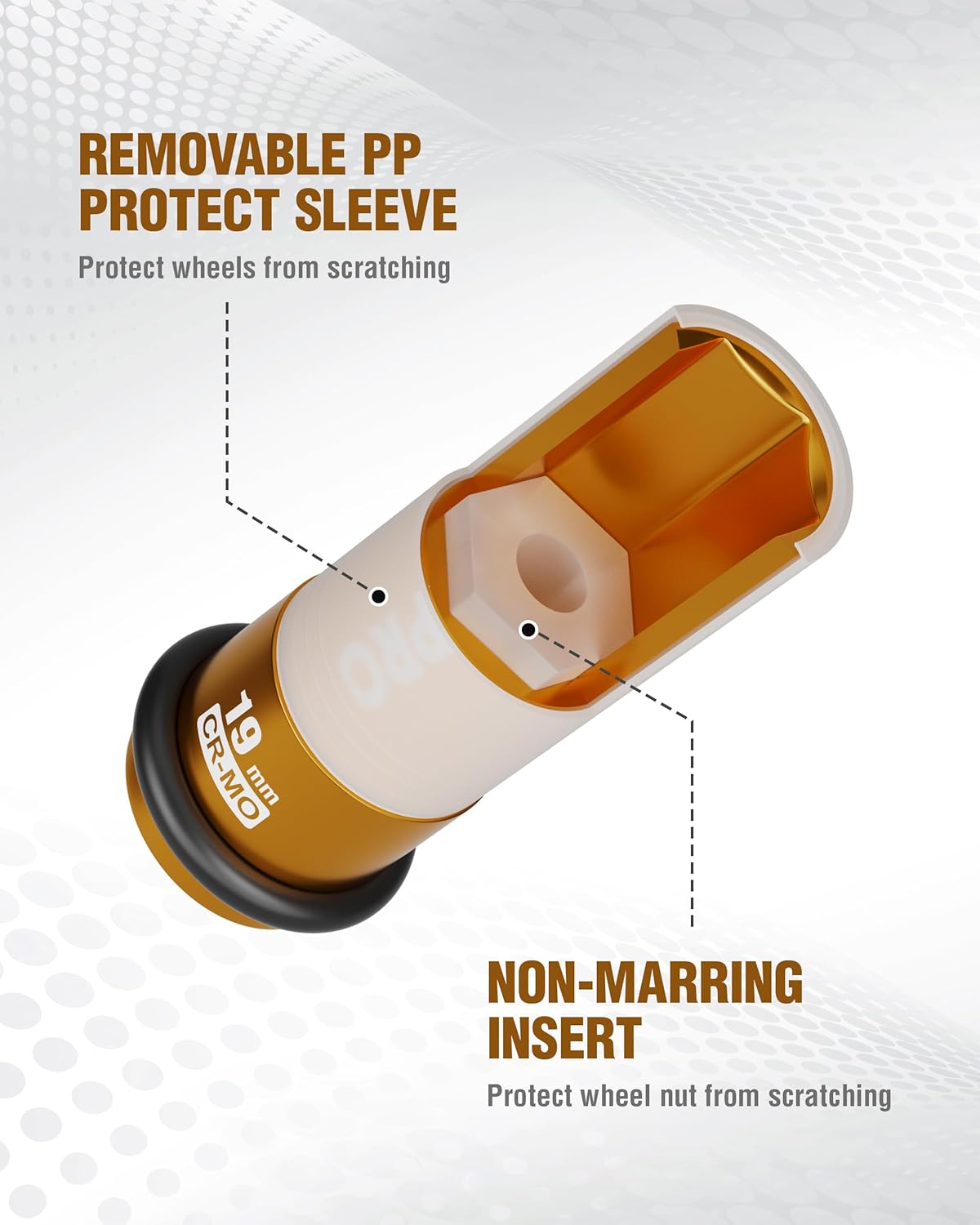 Removable PP protect sleeve 19mm lug nut impact socket, non-marring insert
