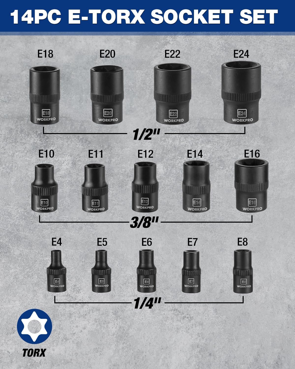 Black E-Torx socket set, E4–E24, with 1/4", 3/8", and 1/2" drives