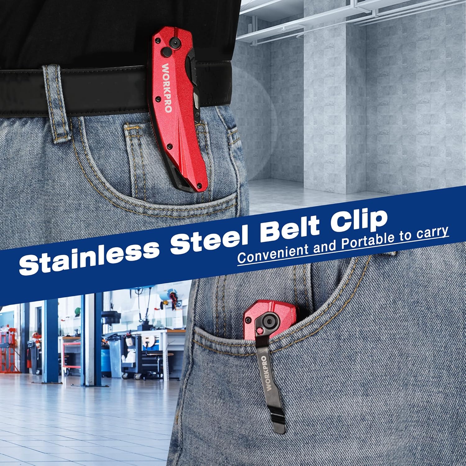Red folding utility knife clipped to jeans with stainless steel belt clip