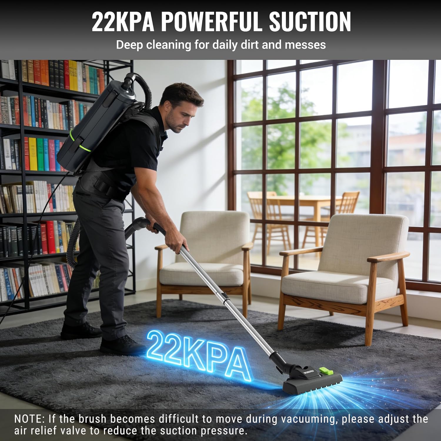 WORKPRO commercial backpack vacuum cleaner with wand and hose, used on carpeted floor.
