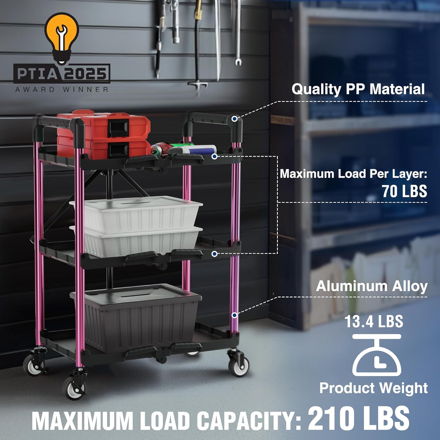Black 3-tier utility cart with pink frame, caster wheels, and load capacity per shelf up to 70 lbs