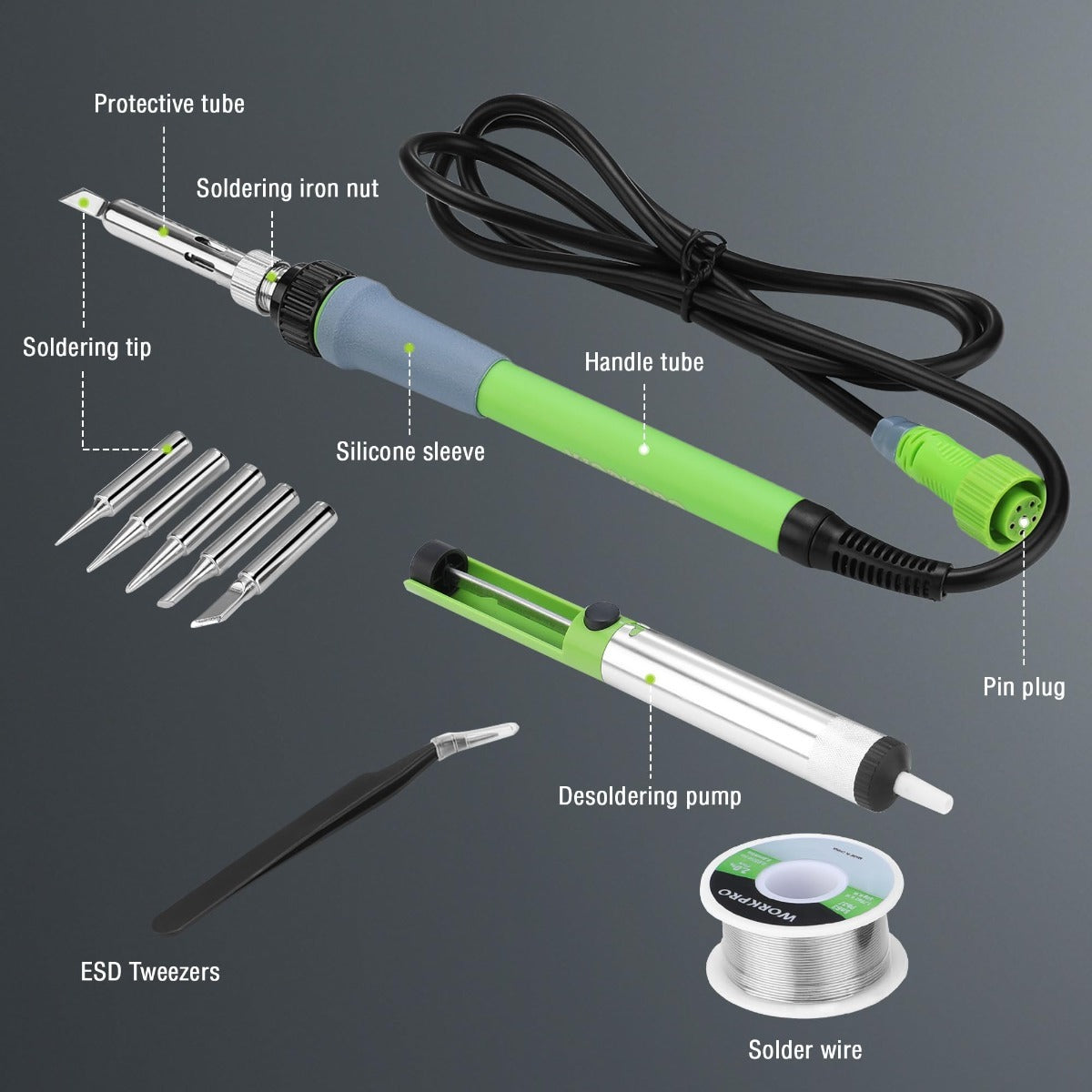 Soldering iron and accessories set with gray silicone sleeve, pin plug, and solder wire