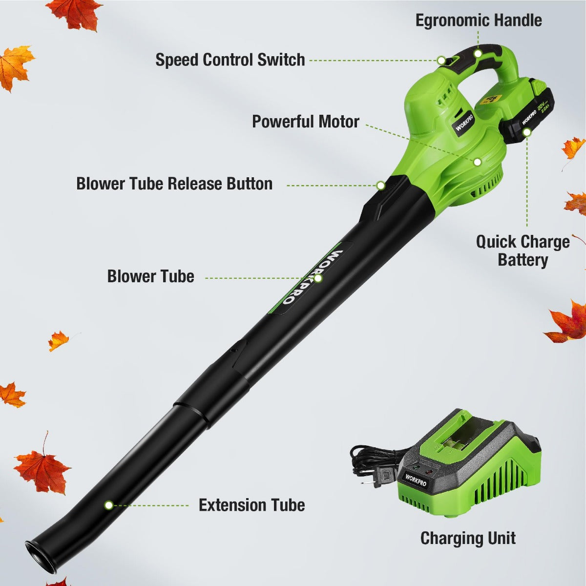Green cordless leaf blower with long blower tube, ergonomic handle and battery pack