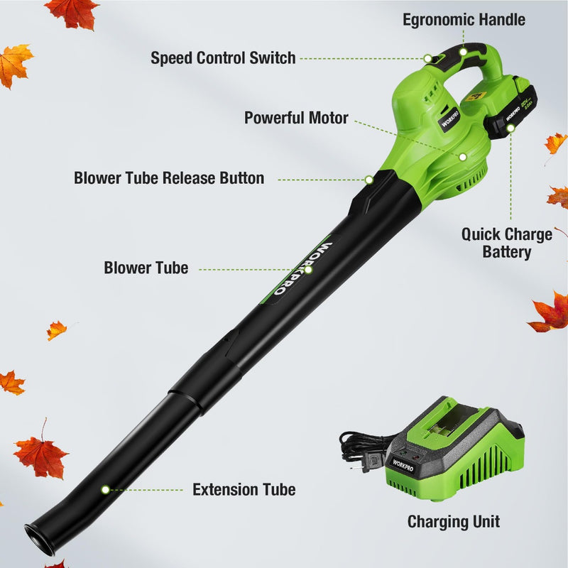 WORKPRO 20V Lightweight Mini Cordless Leaf Blower wih Battery and Charger, 2-Speed Control
