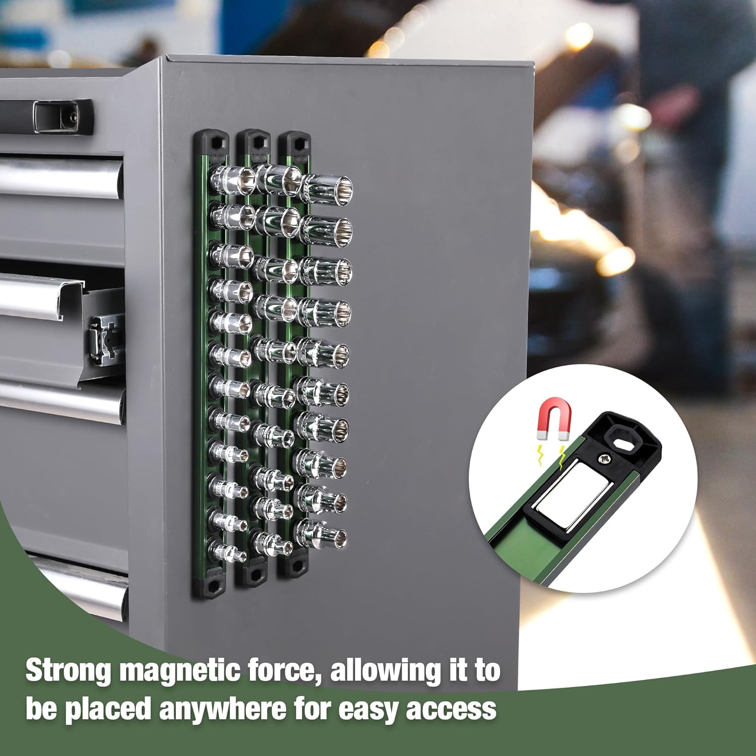 Metal magnetic socket organizer rack with green base and multiple socket holders