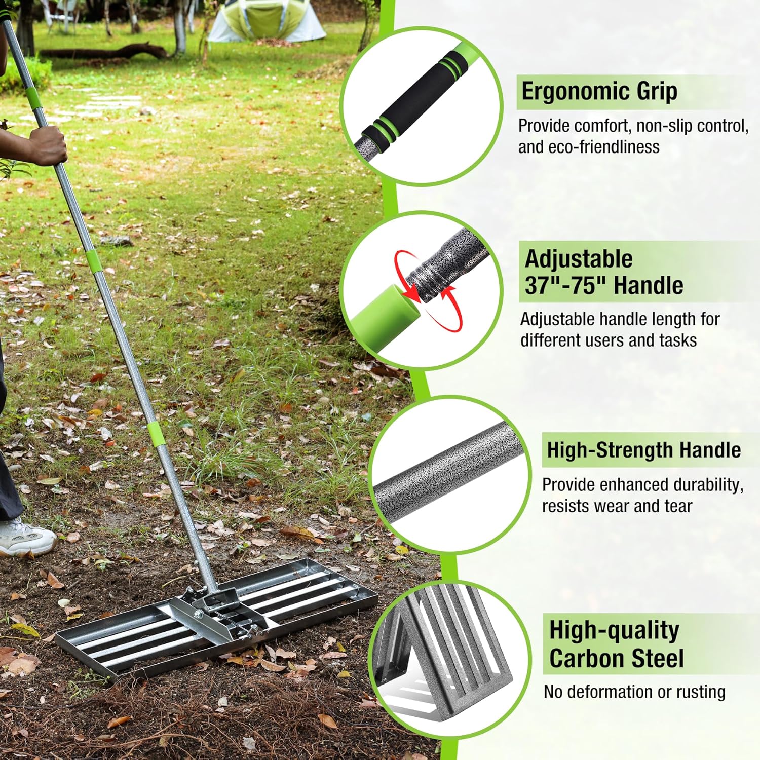 Lawn leveling rake with ergonomic grip and adjustable 37–75 in handle
