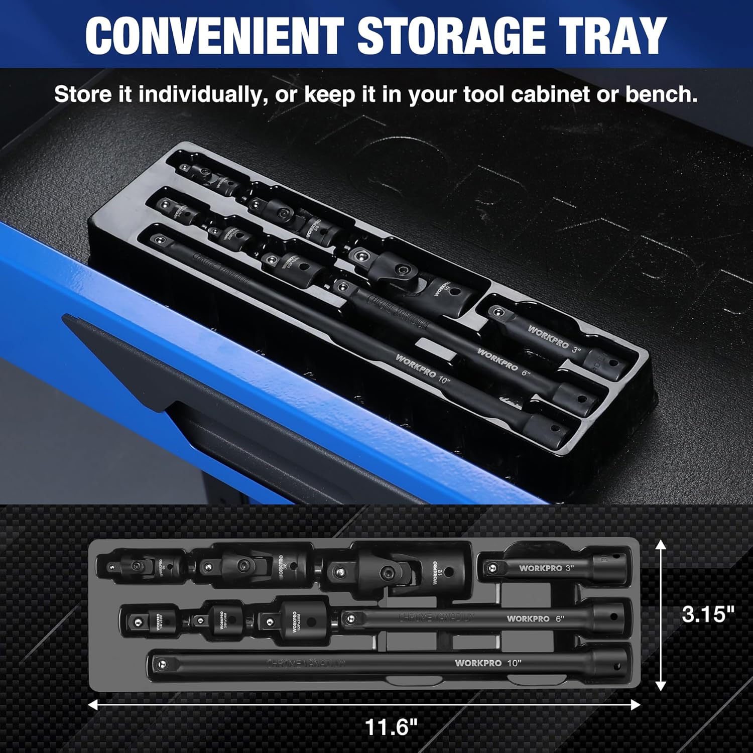 Black socket extension set stored in a fitted tray with multiple adapter and joint pieces