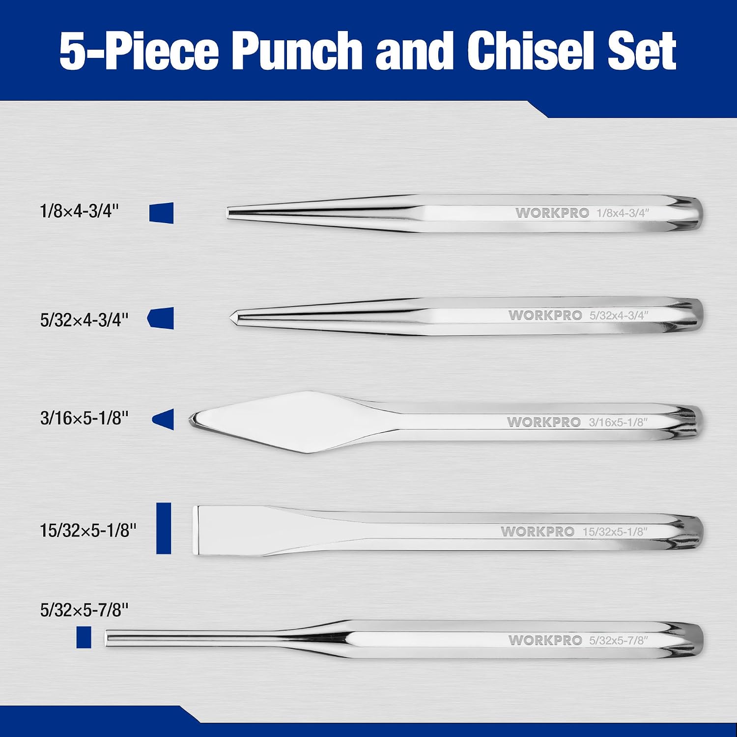 WORKPRO 5-piece punch and chisel set with storage tray, laser-etched markings, durable quality steel