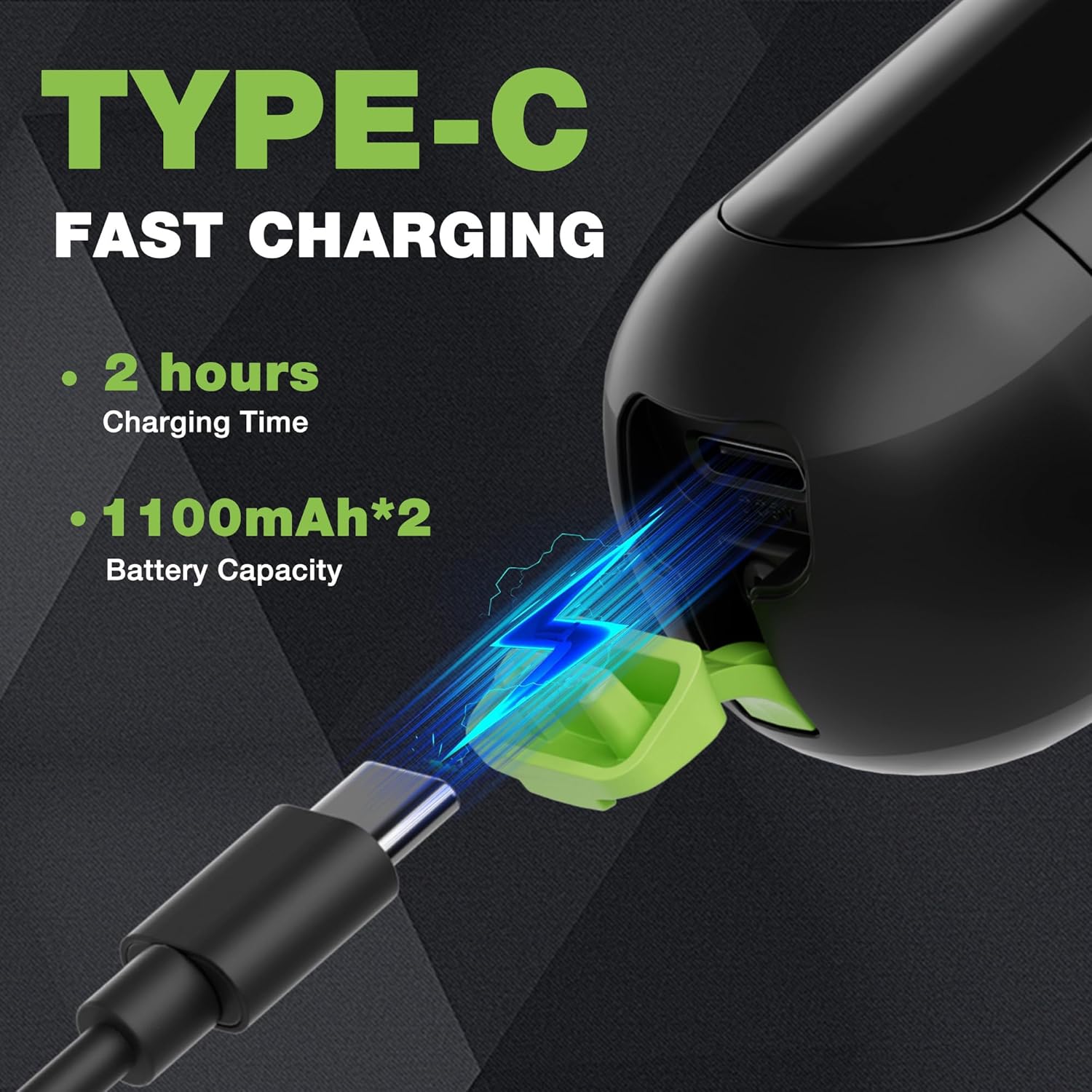 Cordless rotary tool with green accents and USB-C charging plug