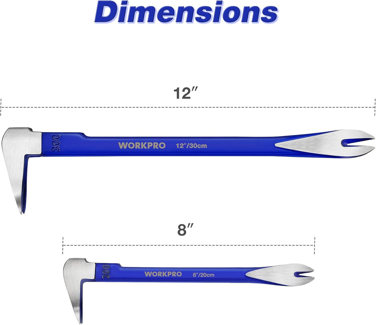 WORKPRO nail pullers showing 12-inch and 8-inch sizes with claw ends