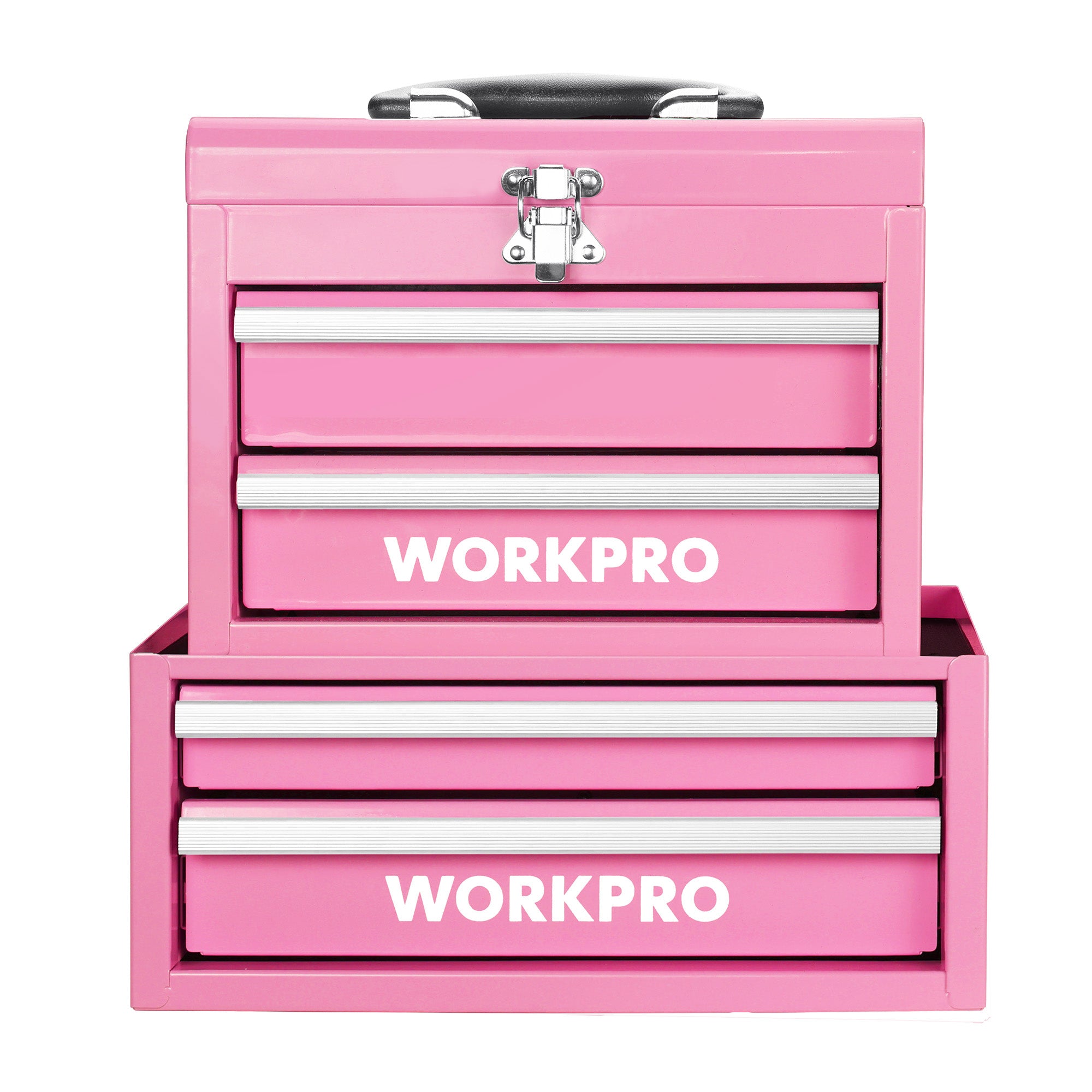WORKPRO Portable & 12.5" Mini Metal Tool Box, Top Tool Chest Containing Two Drawers - Pink Ribbon