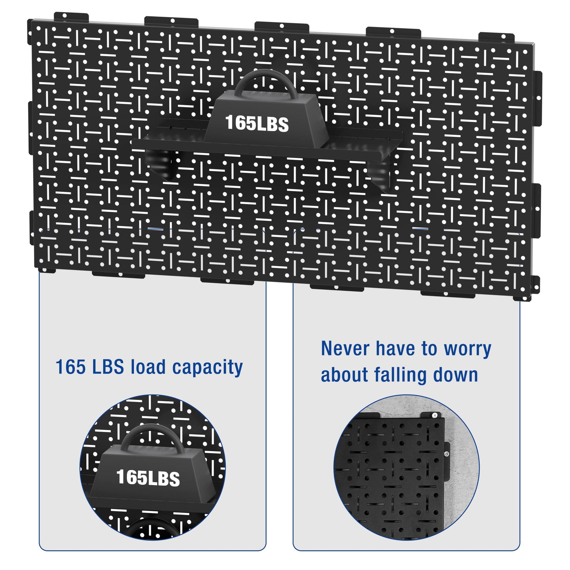 Black metal pegboard wall panel with top hanging bar and side mounting clips