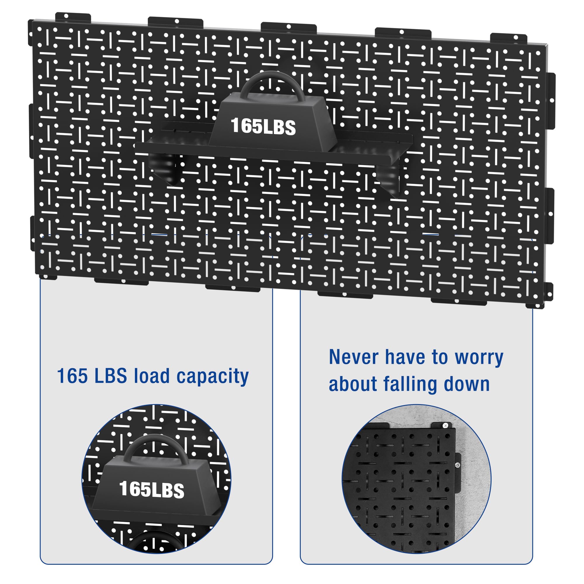 Black metal pegboard wall panel with top hanging bar and side mounting clips