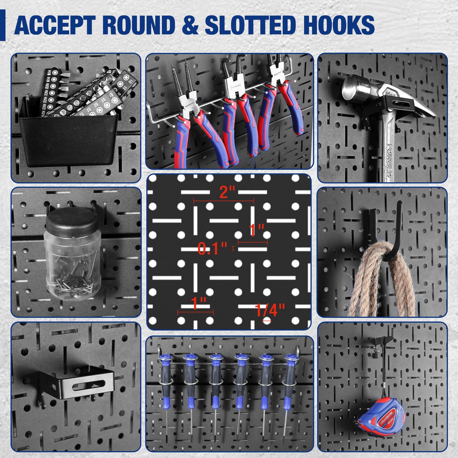 Black metal pegboard with round and slotted hook placements and tool accessories