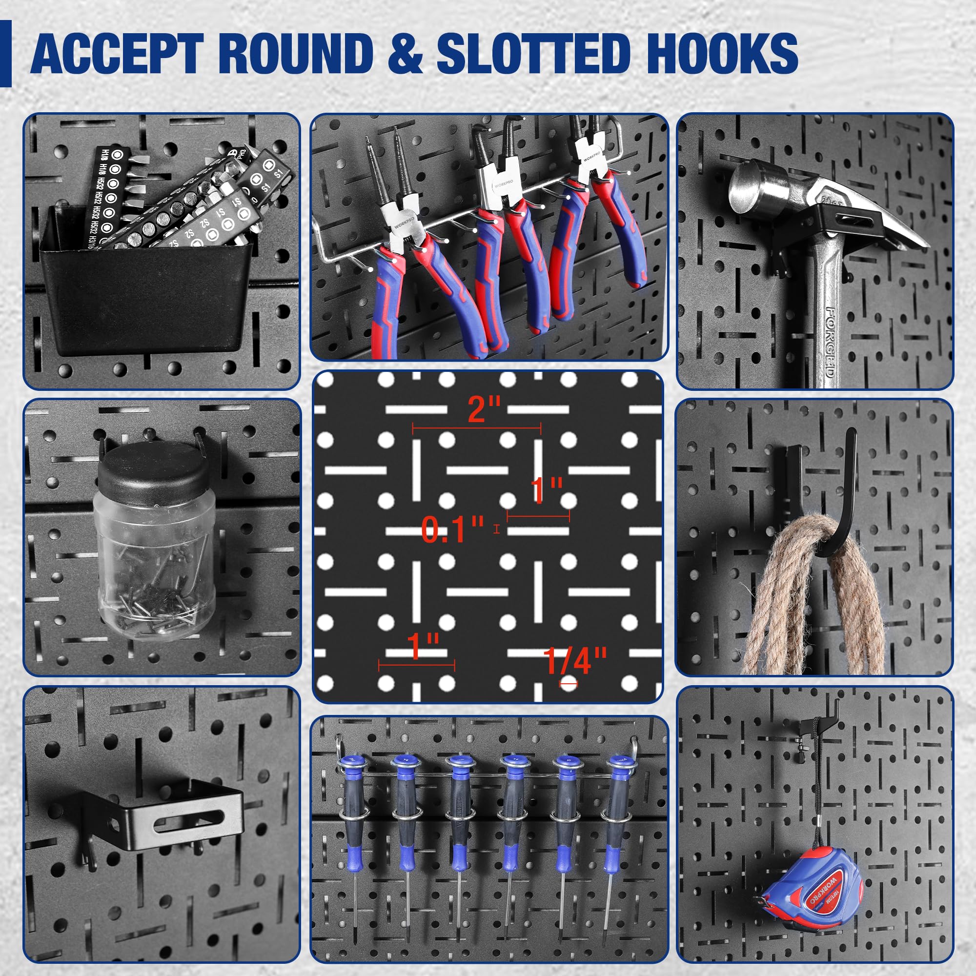 Black metal pegboard with round and slotted hook placements and tool accessories