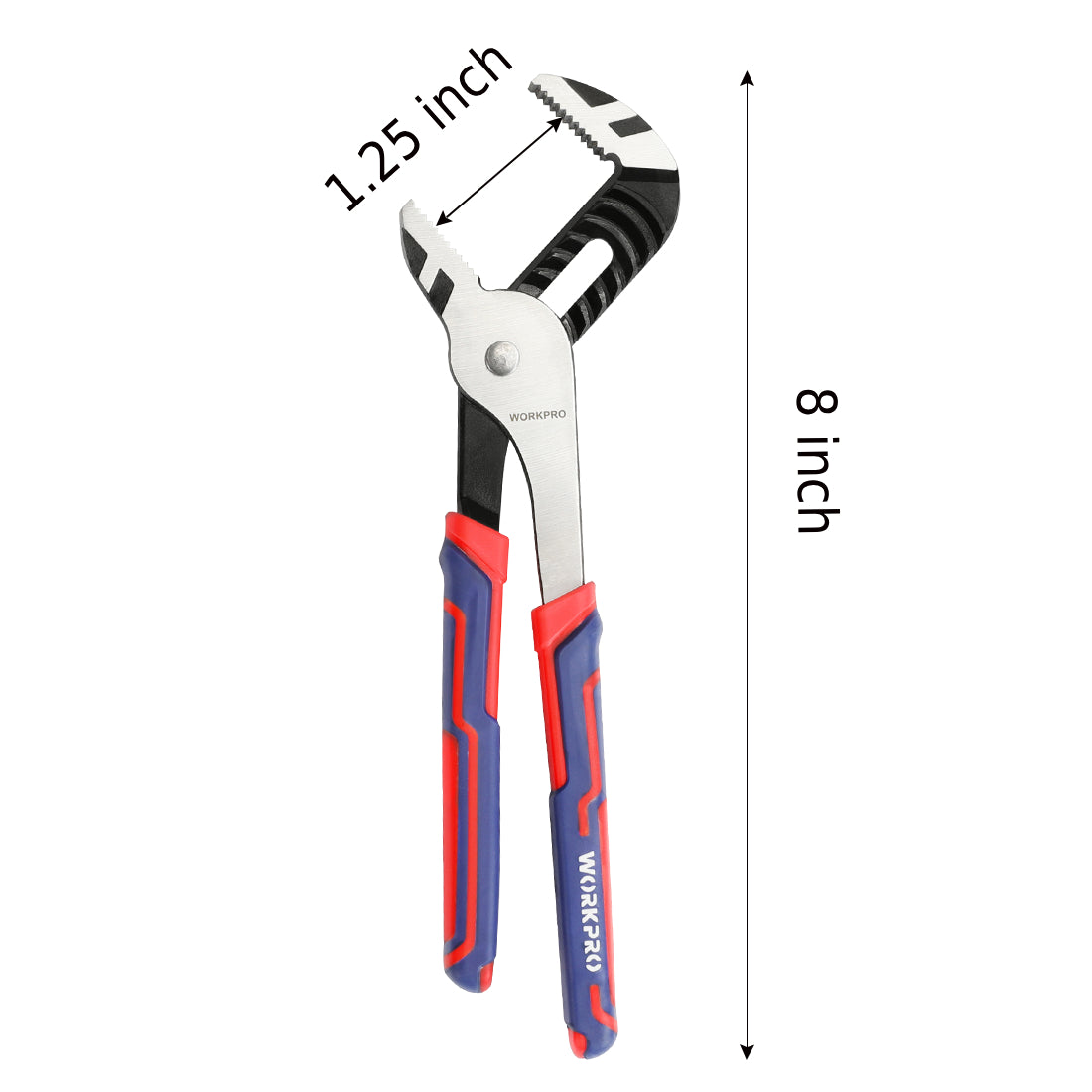 WORKPRO 8-inch adjustable water pump pliers with 1.25-inch jaw opening, shown full length