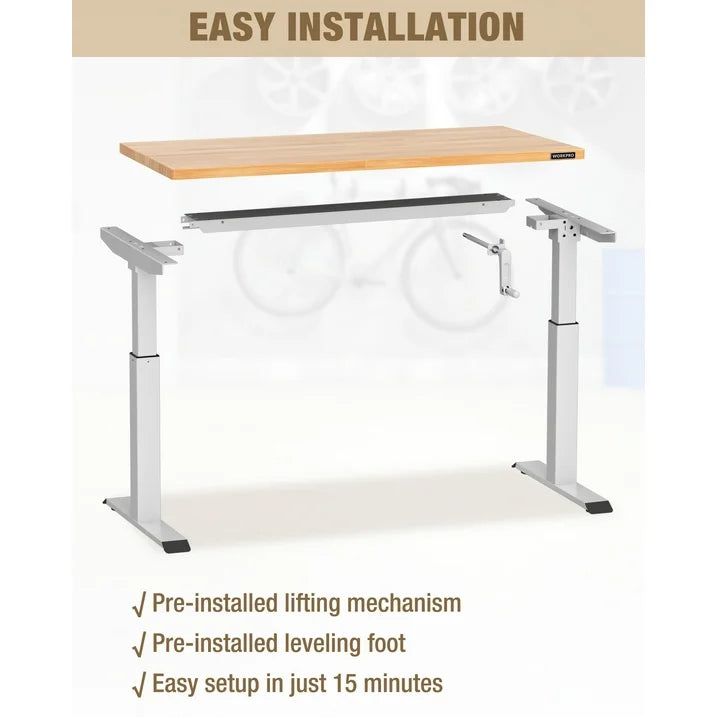 Adjustable height workbench with lifting columns, crank handle, and leveling feet