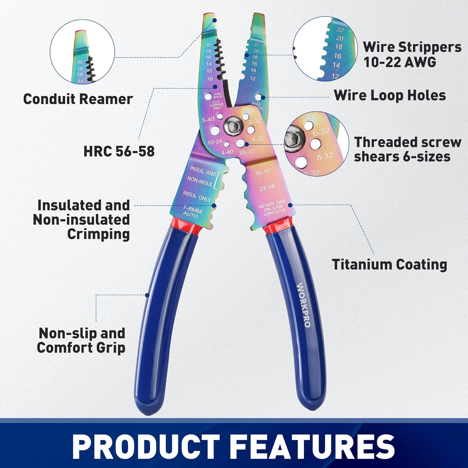 Wire stripper and crimping tool with rainbow-coated head, blue non-slip grips, and wire loop holes