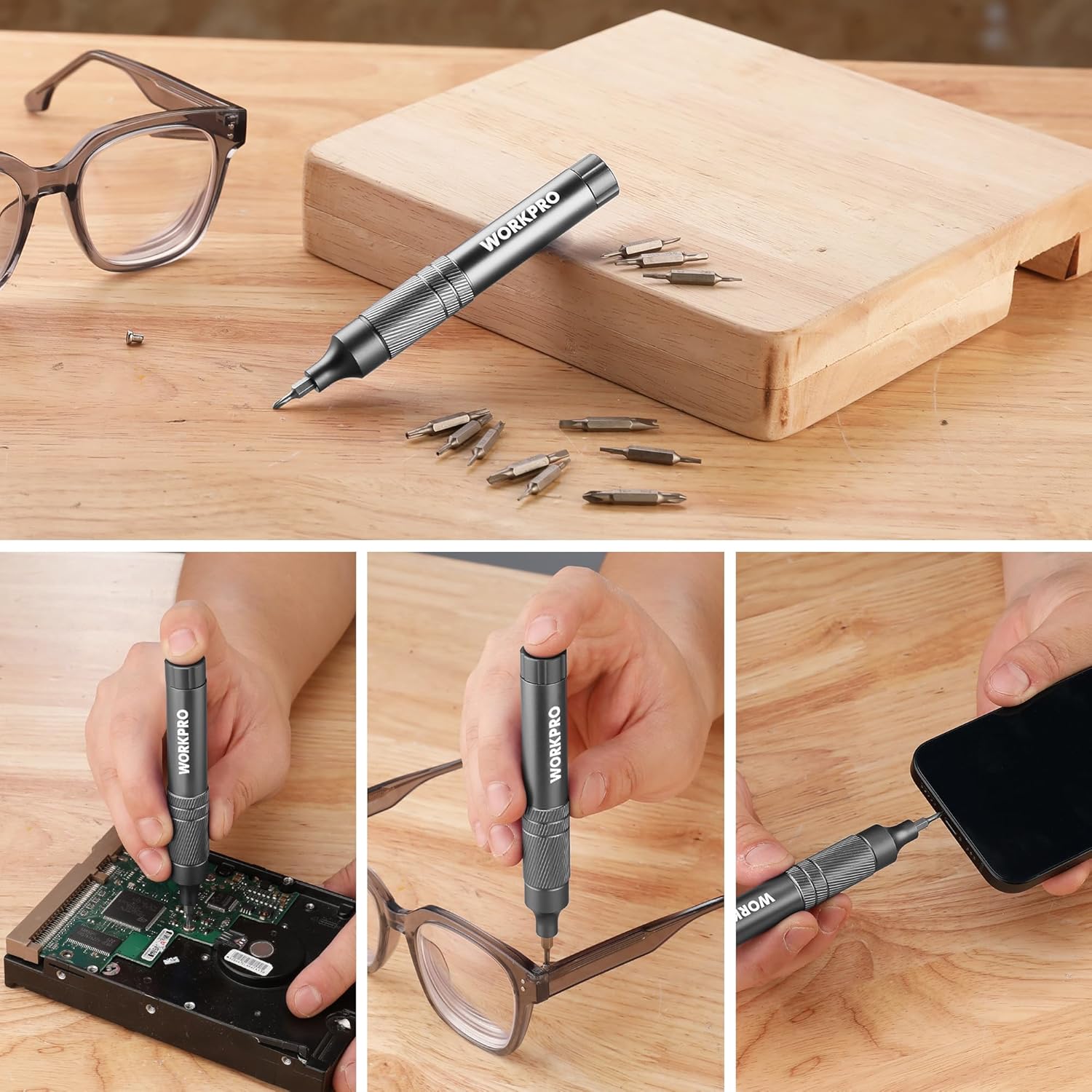 WORKPRO pen screwdriver with multiple bits and a wooden work surface