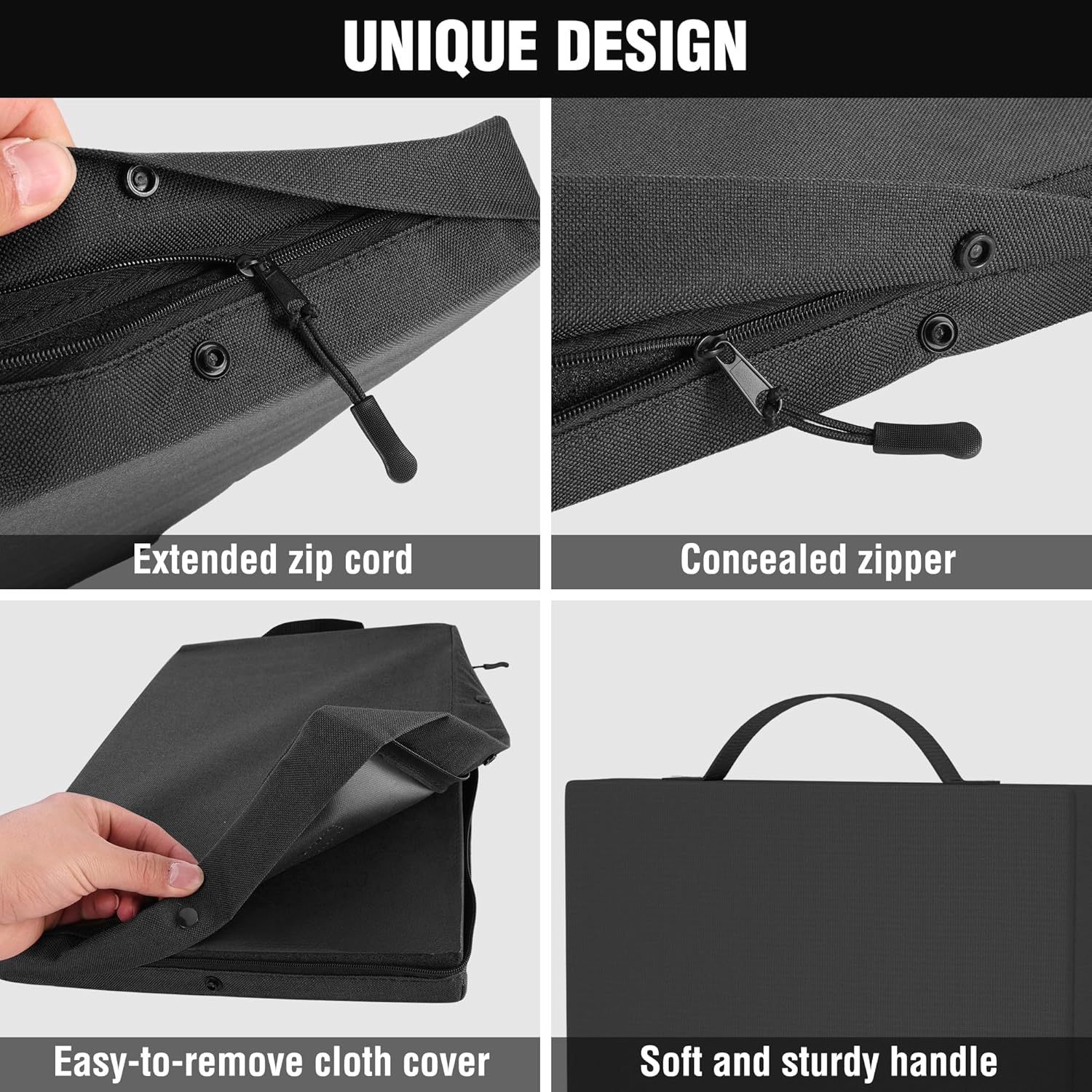 Black kneeling pad with zipper access, extended zip cord, and concealed cover design