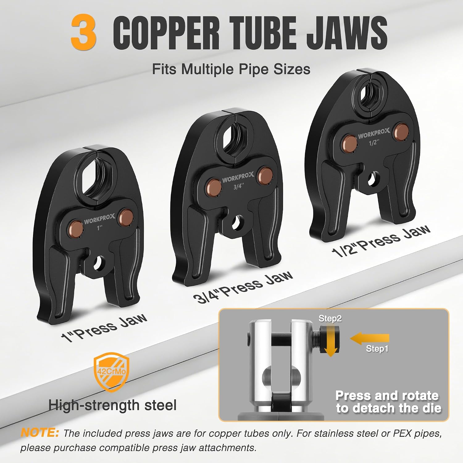 Three copper tube press jaws set for 1/2 in, 3/4 in, and 1 in fittings